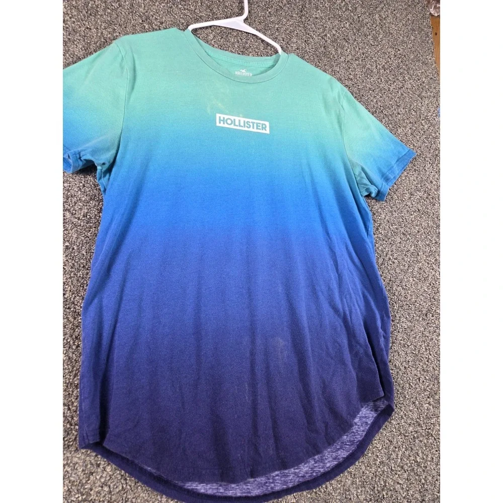 Hollister Mens Large Ombre Gradient T Shirt Blue Teal Logo Graphic Short Sleeve - Picture 5 of 11